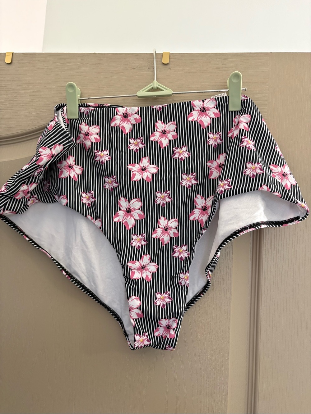 High-Waist Floral Stripe Bikini Bottom - Pink/Black